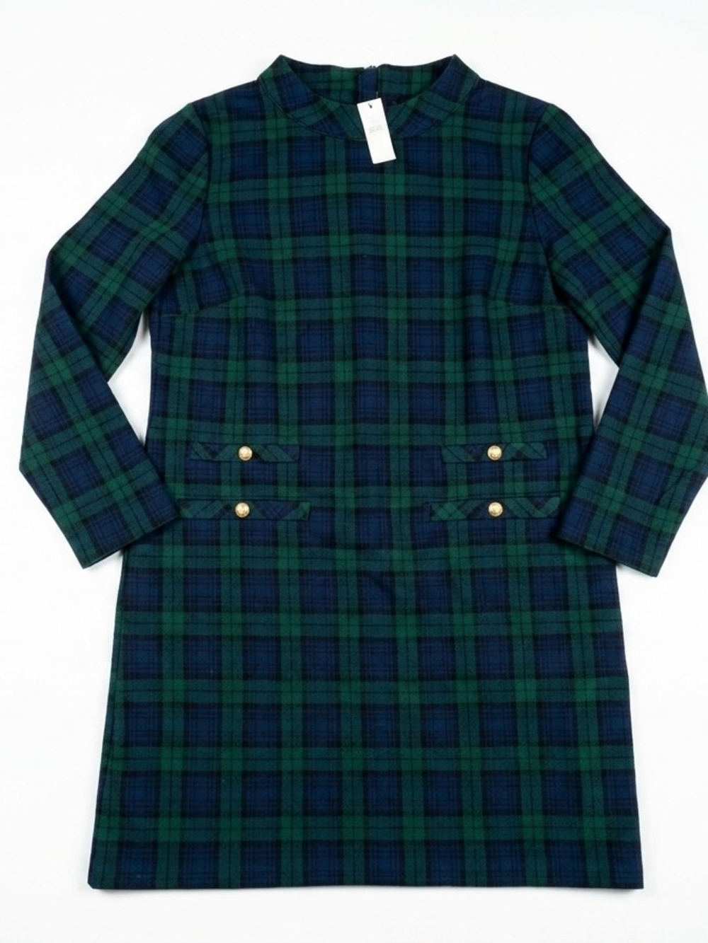 NWT Talbots Size 12 Black Watch Plaid Shift Dress Mock Neck Gold Button Classic
